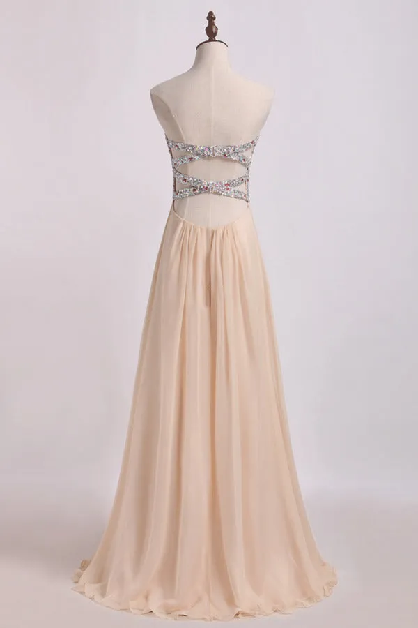 2024 Sweetheart A Line Prom Dresses Chiffon With Slit&Beads P1KGSEYT