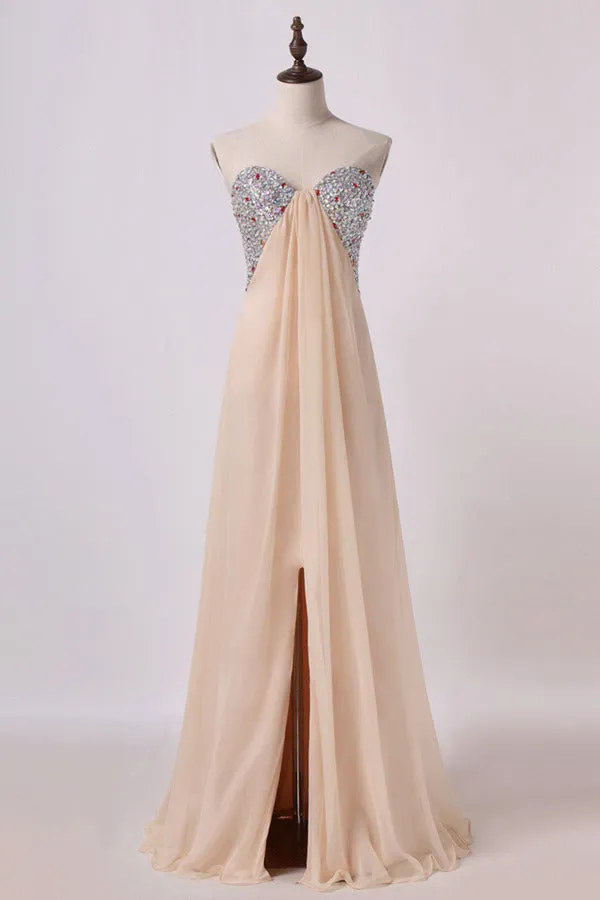 2024 Sweetheart A Line Prom Dresses Chiffon With Slit&Beads P1KGSEYT