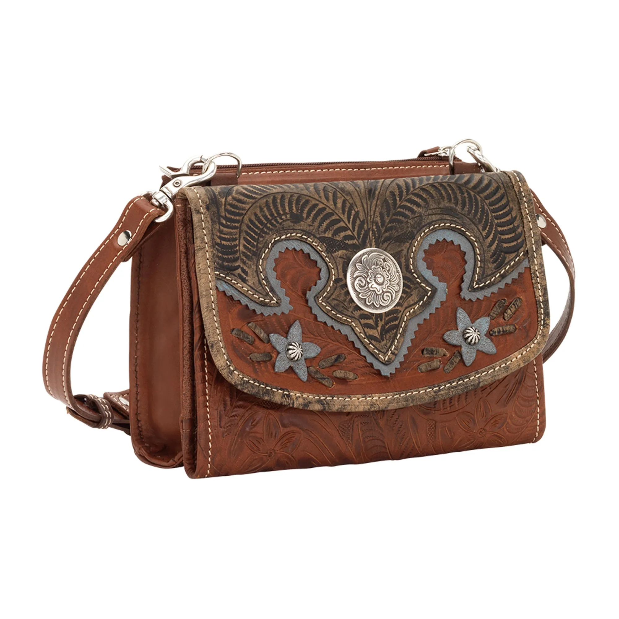 American West Desert Wildflower Antique Brown Leather Small Crossbody