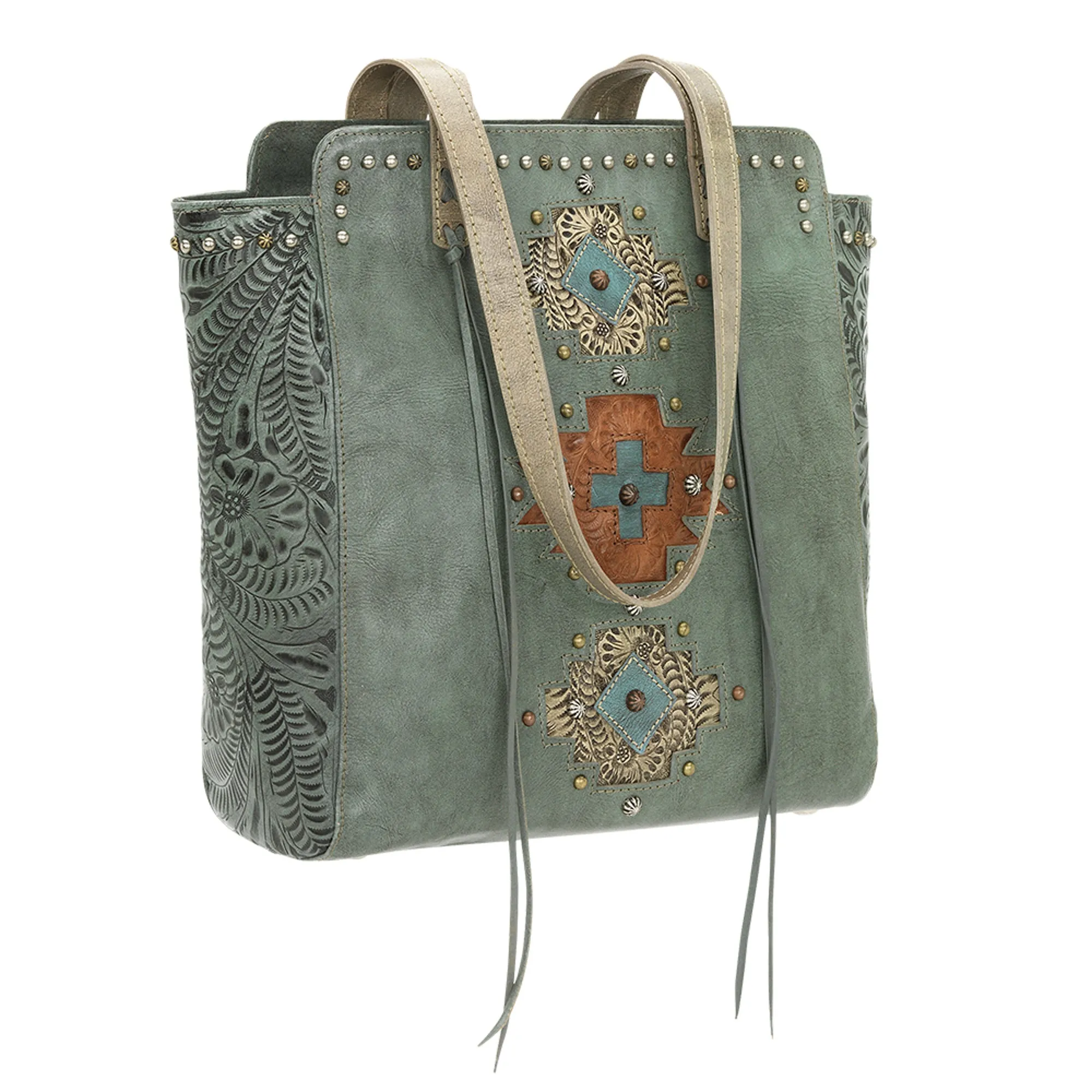 American West Navajo Soul Marine Turquoise Leather Zip Top Tote