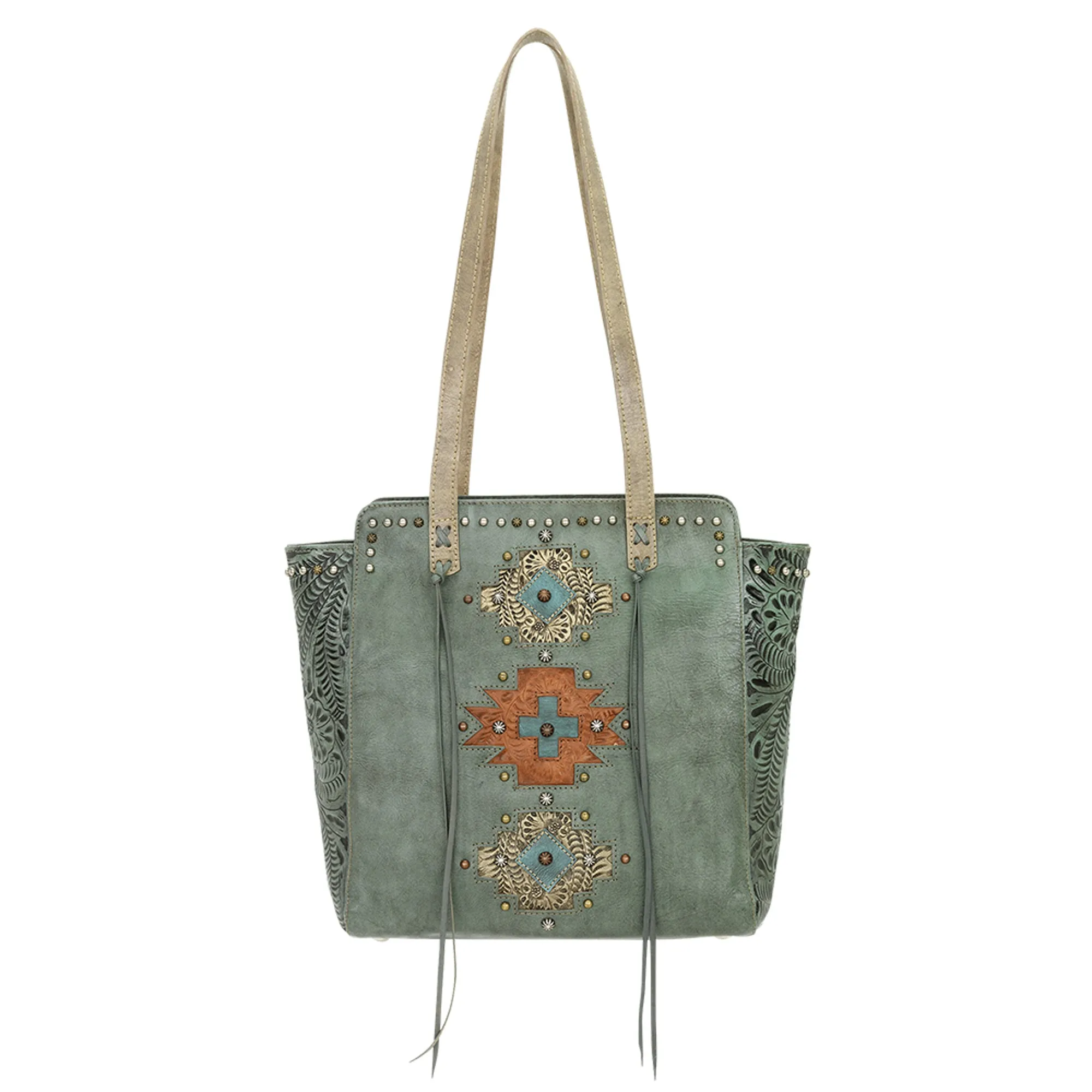 American West Navajo Soul Marine Turquoise Leather Zip Top Tote