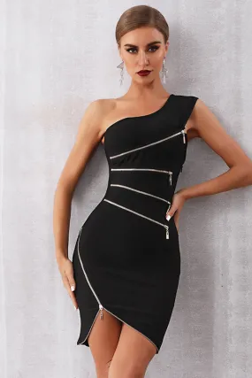 Asymmetric Neck Zipper Detail Party Dress