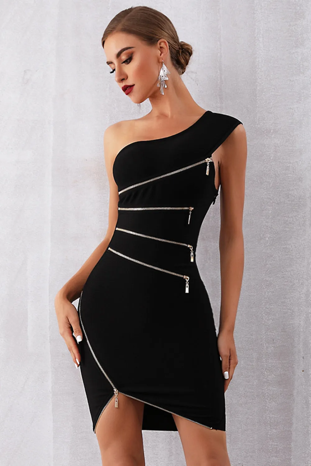 Asymmetric Neck Zipper Detail Party Dress