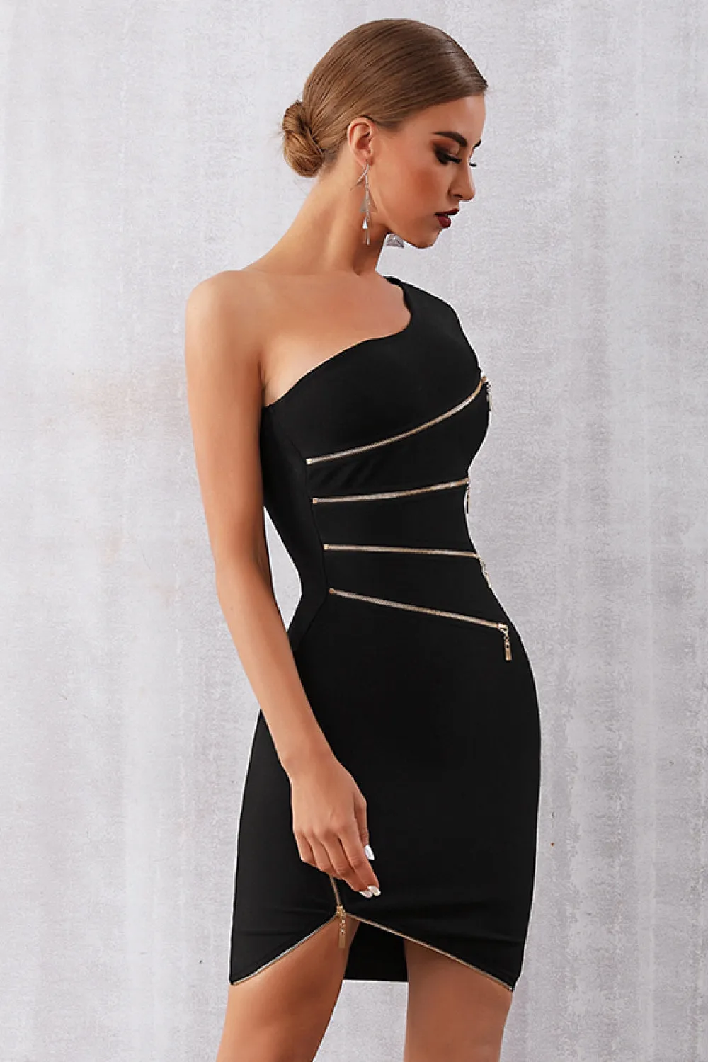 Asymmetric Neck Zipper Detail Party Dress