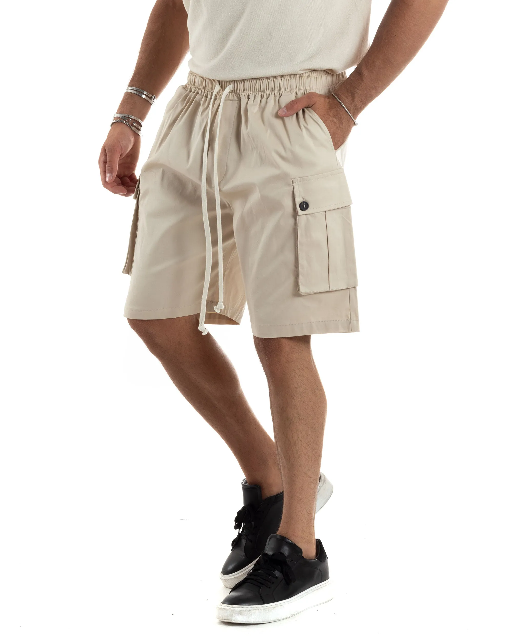 Bermuda Cargo Uomo Cotone Pantalaccio Corto Jogger Con Tasconi Tasche America Con Laccio Oversize Wide Leg Beige GIOSAL-PC1973A