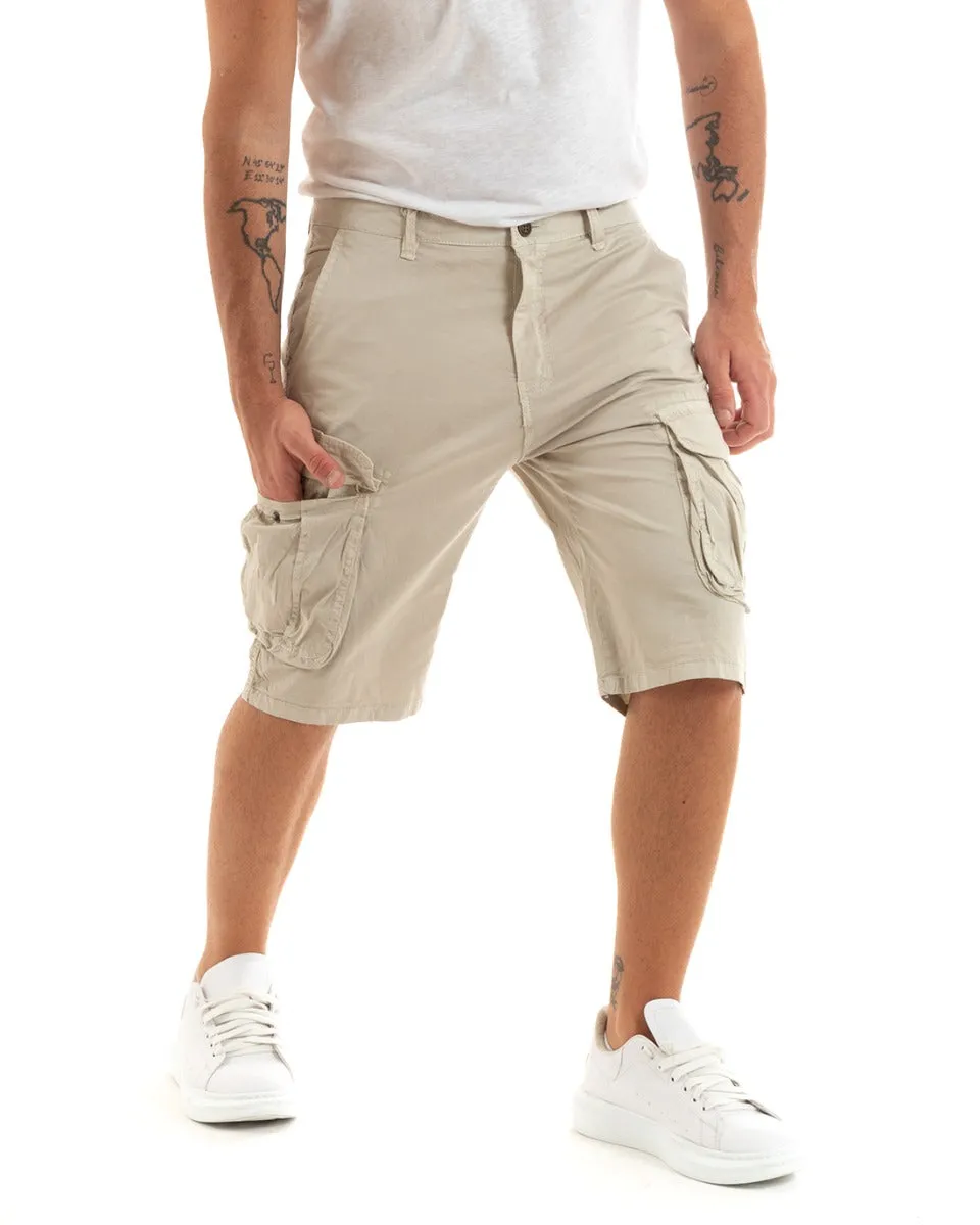 Bermuda Pantaloncino Uomo Corto Shorts Cargo Beige Tasca America GIOSAL-PC1933A