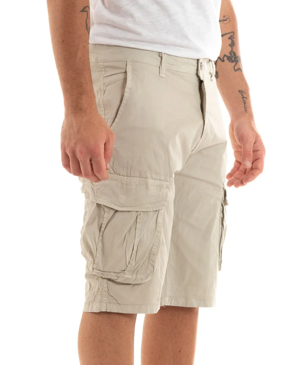 Bermuda Pantaloncino Uomo Corto Shorts Cargo Beige Tasca America GIOSAL-PC1933A