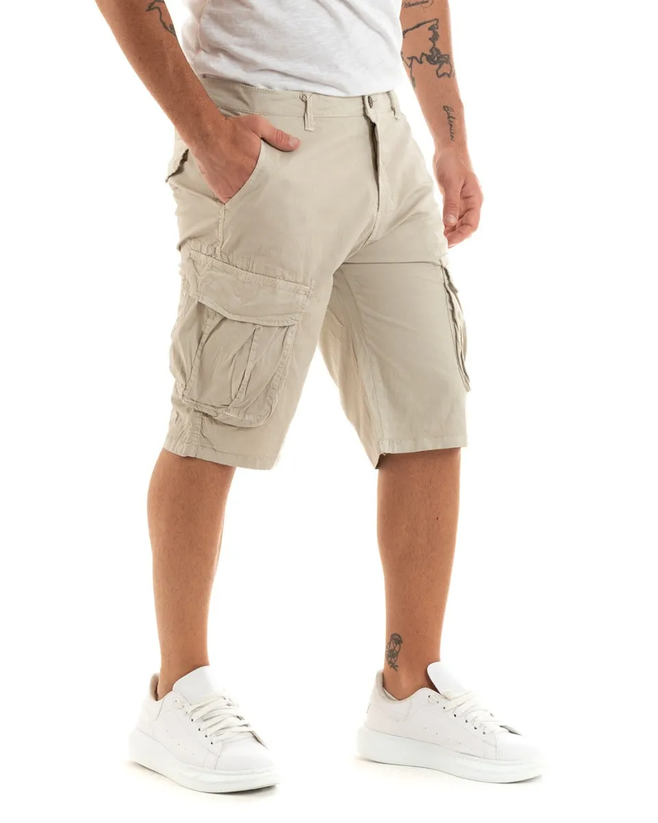 Bermuda Pantaloncino Uomo Corto Shorts Cargo Beige Tasca America GIOSAL-PC1933A