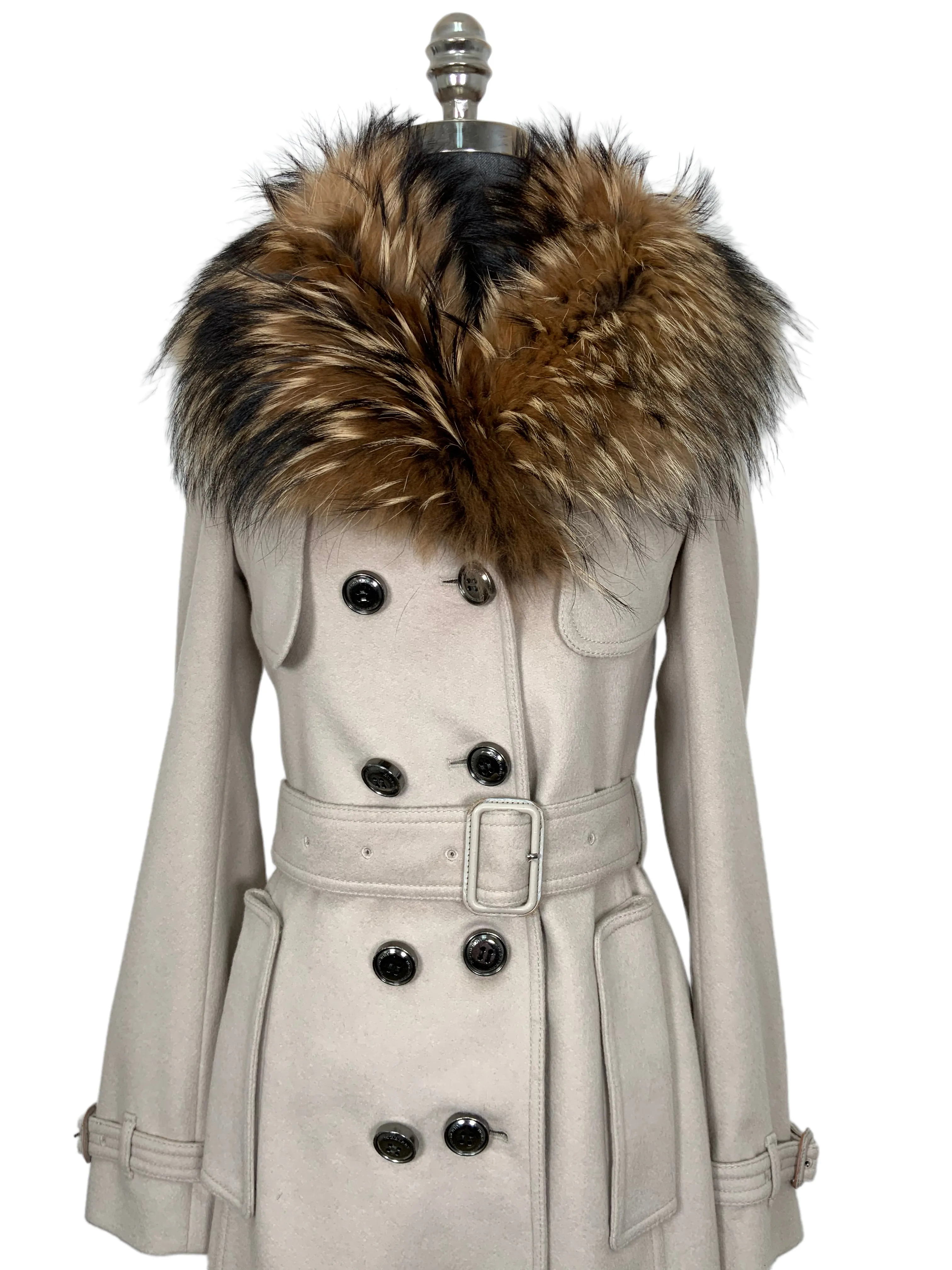 Burberry Kensington Cashmere Fur Detail Trench Coat Size S