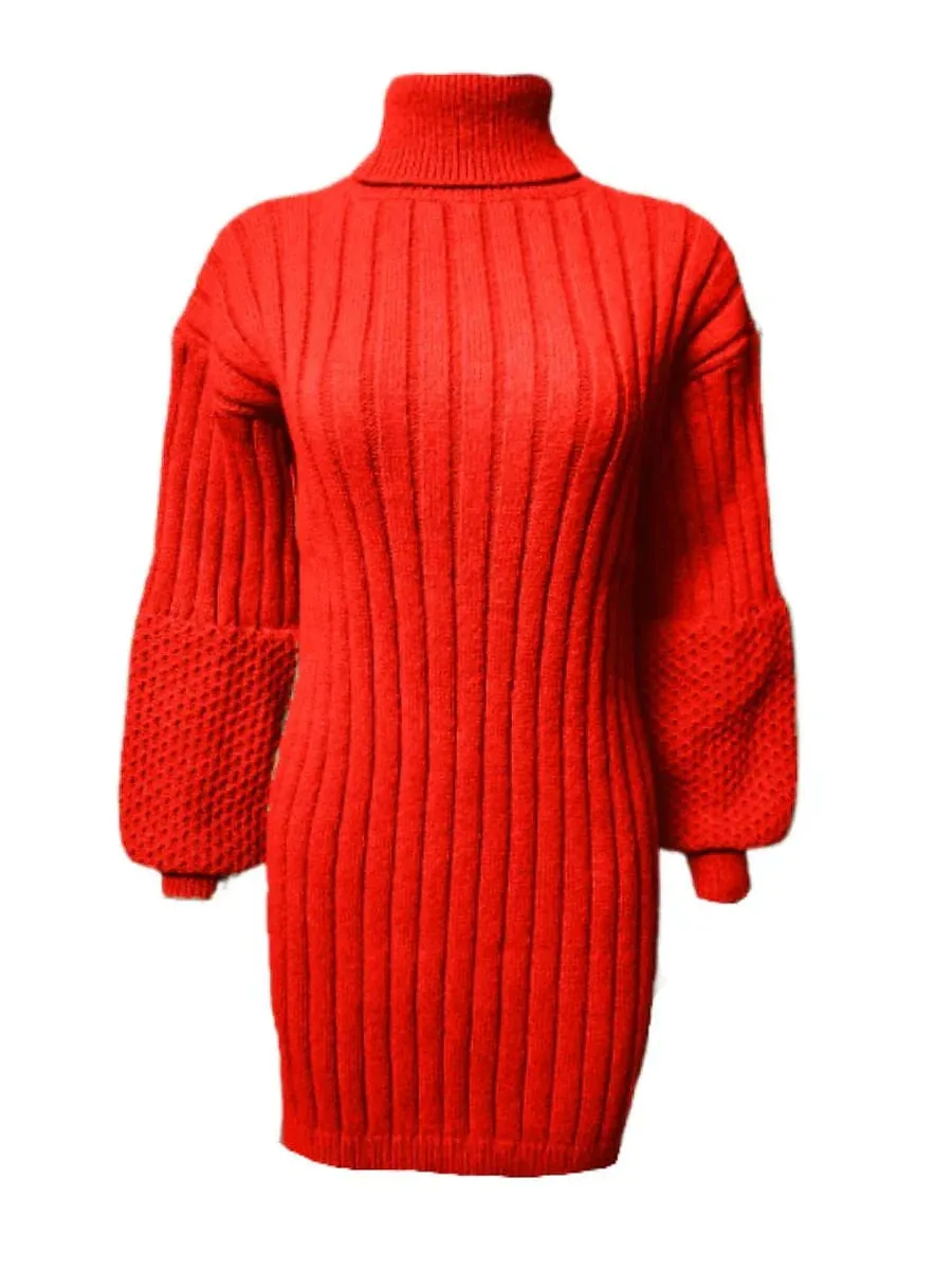 Elegant Red Turtleneck Sweater Dress with Long Sleeves