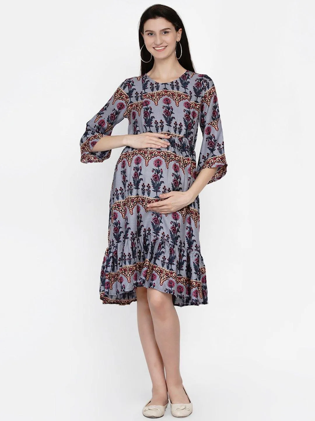 Gray Floral Print Maternity and Nursing Midi Dress