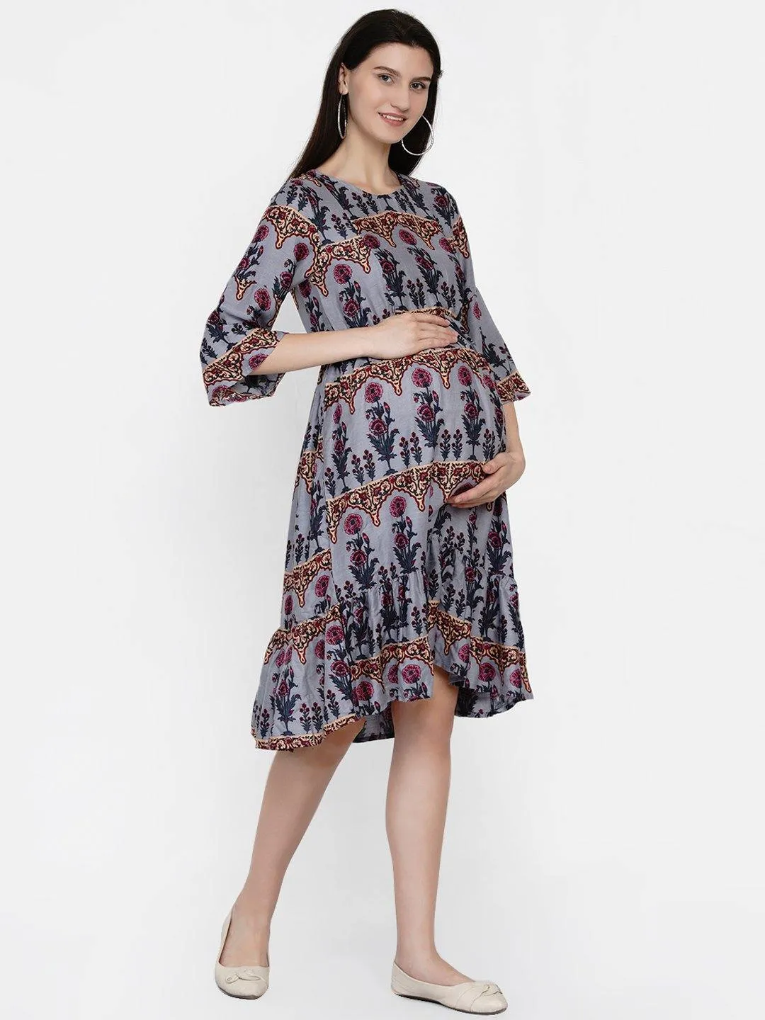 Gray Floral Print Maternity and Nursing Midi Dress