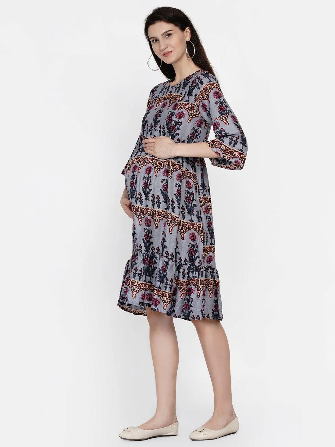 Gray Floral Print Maternity and Nursing Midi Dress