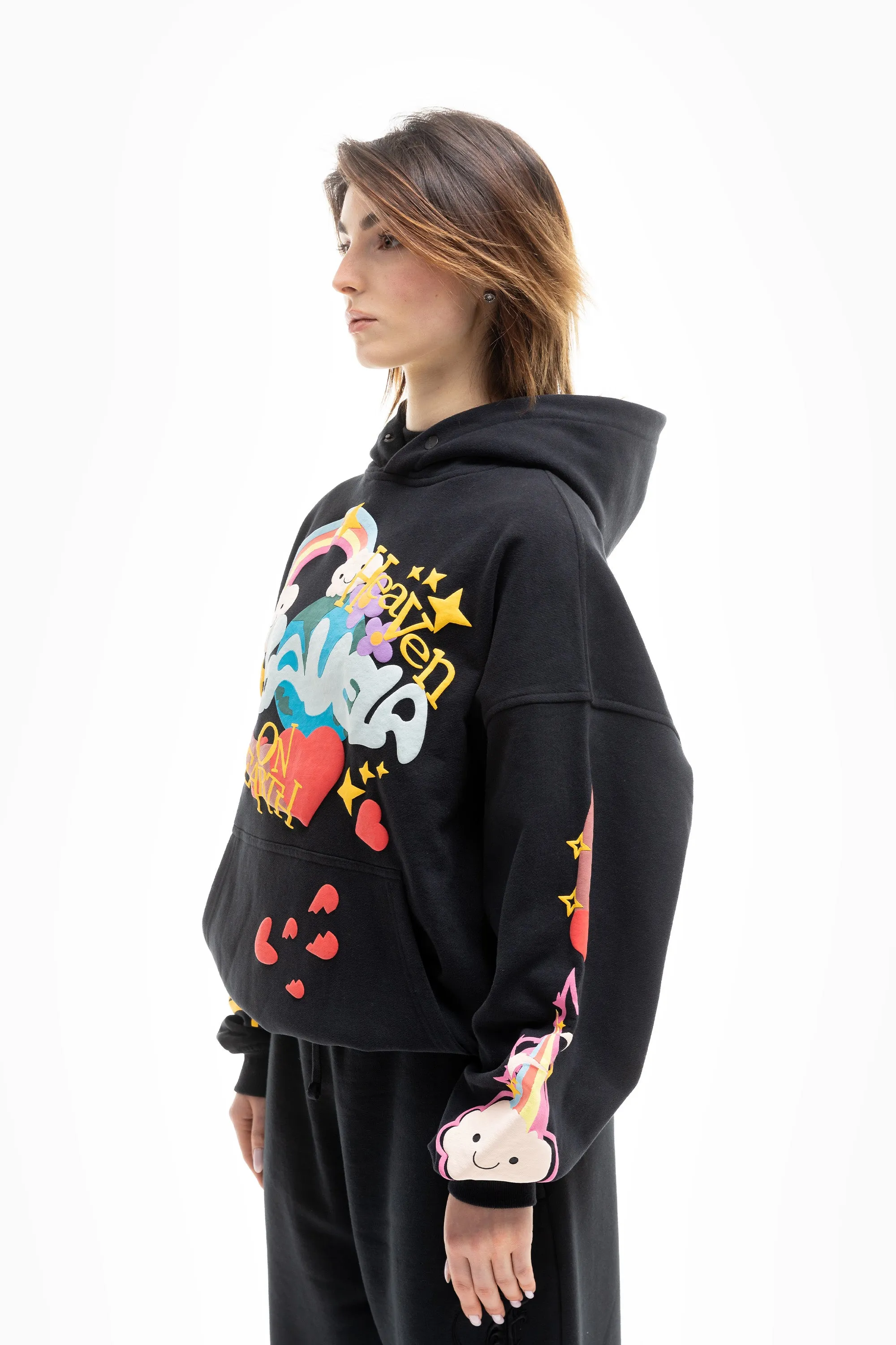 HEAVEN ON EARTH BLACK SNAP BUTTON HOODIE