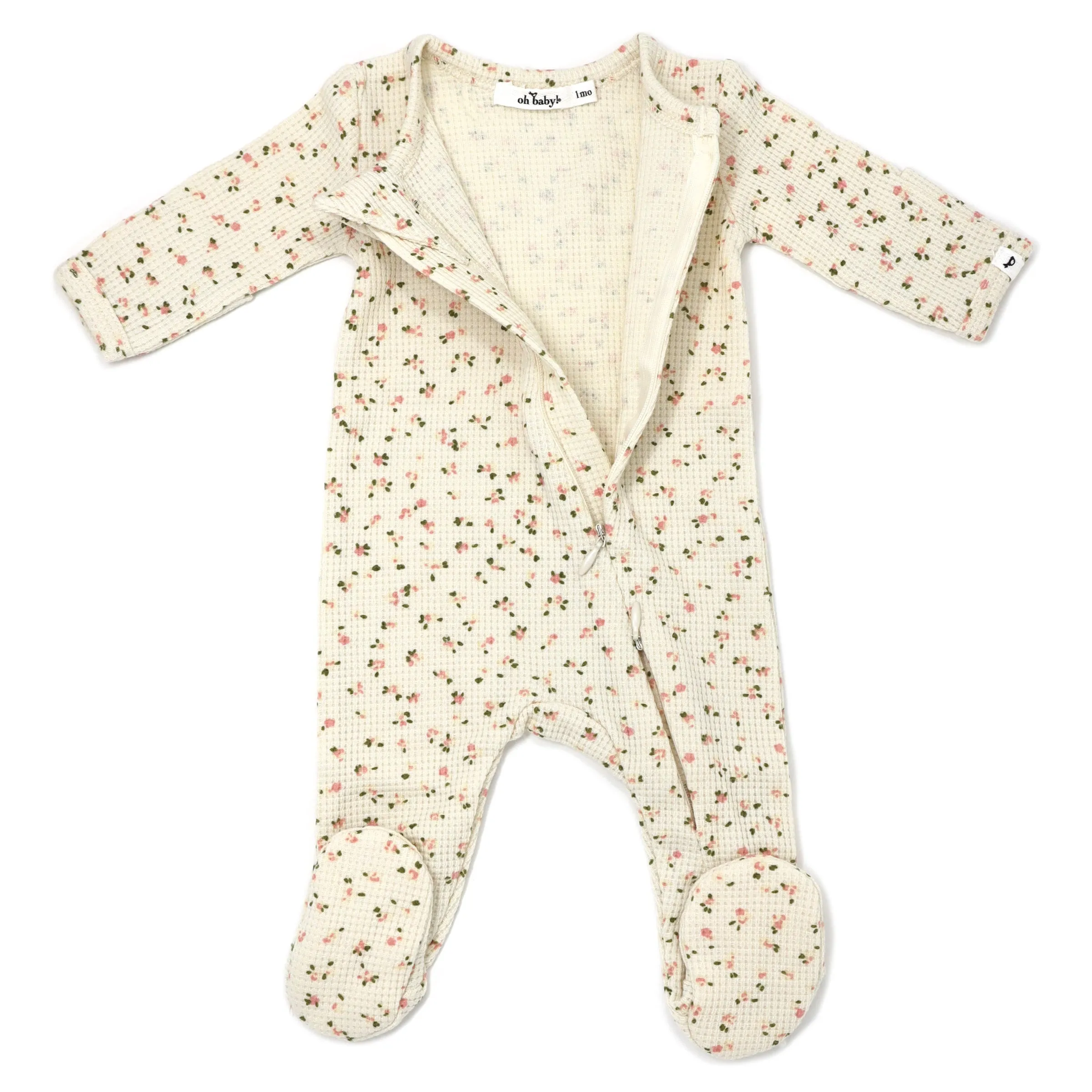 oh baby! Two Way Zipper Footie - Waffle Knit - Roses - Cream