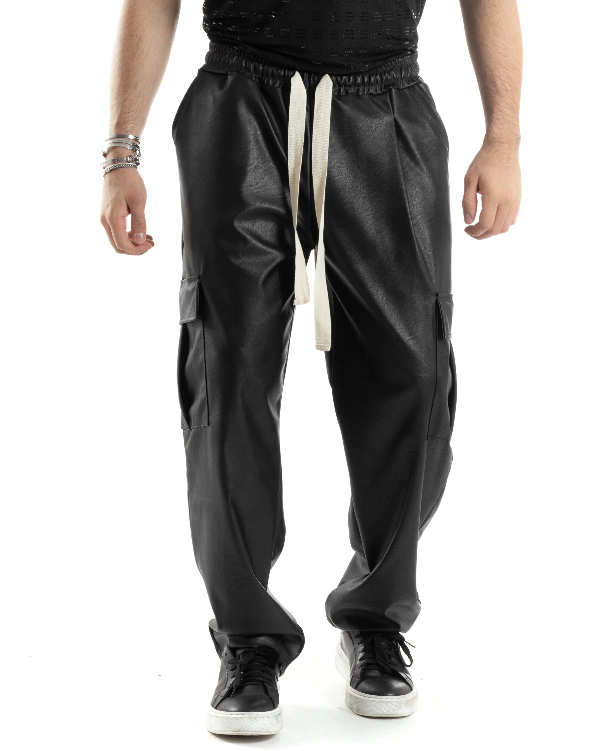 Pantaloni Ecopelle Uomo Regular Fit Pantalaccio Cargo Jogger Con Tasconi Tinta Unita Nero GIOSAL-P6094A