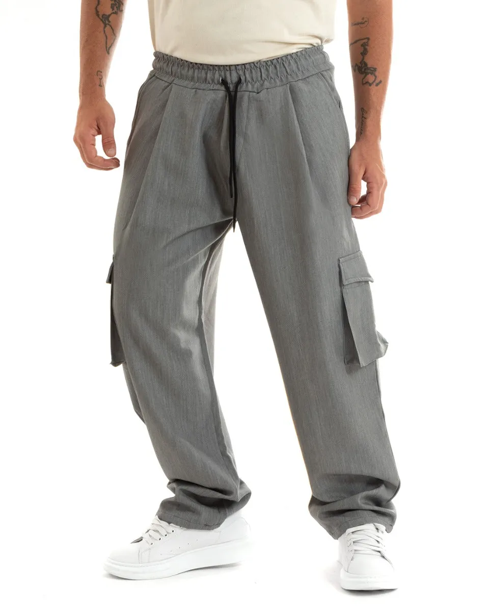 Pantaloni Uomo Baggy Lungo Pantalaccio Fondo Largo Cargo Tasconi Grigio GIOSAL-P5922A