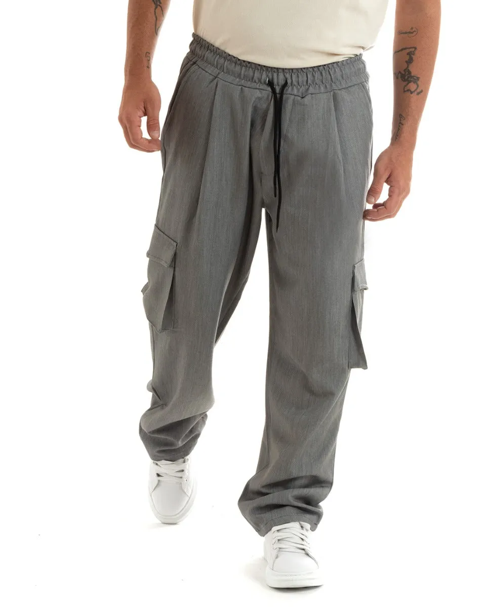 Pantaloni Uomo Baggy Lungo Pantalaccio Fondo Largo Cargo Tasconi Grigio GIOSAL-P5922A