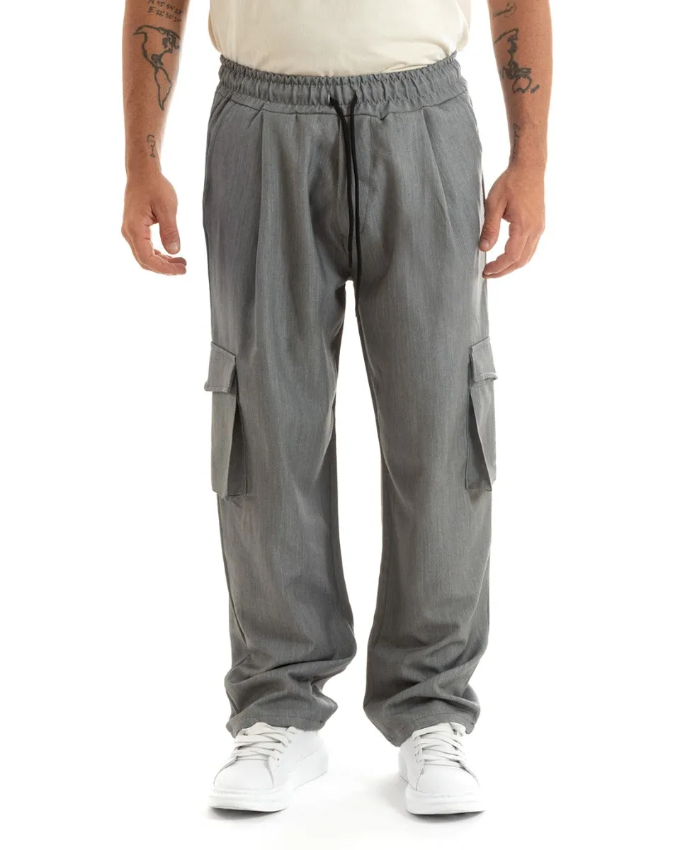 Pantaloni Uomo Baggy Lungo Pantalaccio Fondo Largo Cargo Tasconi Grigio GIOSAL-P5922A