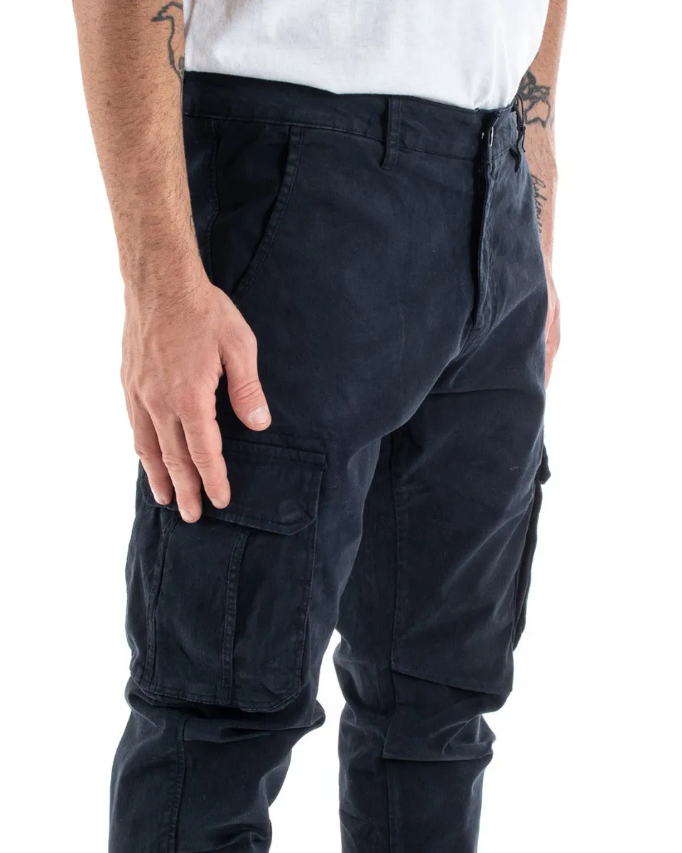 Pantaloni Uomo Cargo Con Zip Tasconi Casual Basic Blu GIOSAL-P5576A