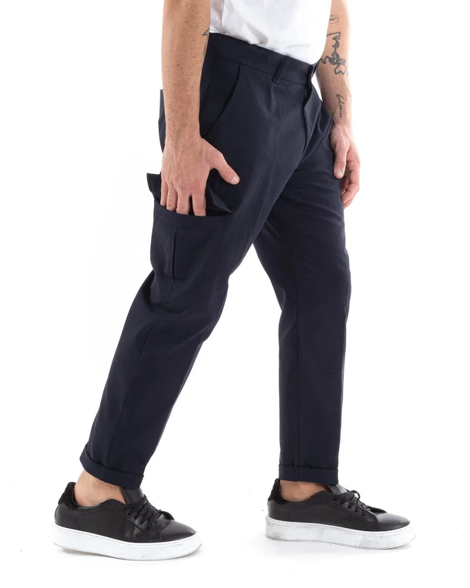 Pantaloni Uomo Cargo Cotone Tasconi Basic Tinta Unita Blu Casual GIOSAL-P5564A