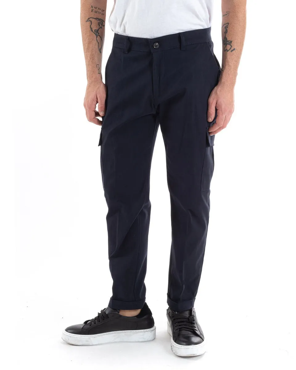 Pantaloni Uomo Cargo Cotone Tasconi Basic Tinta Unita Blu Casual GIOSAL-P5564A