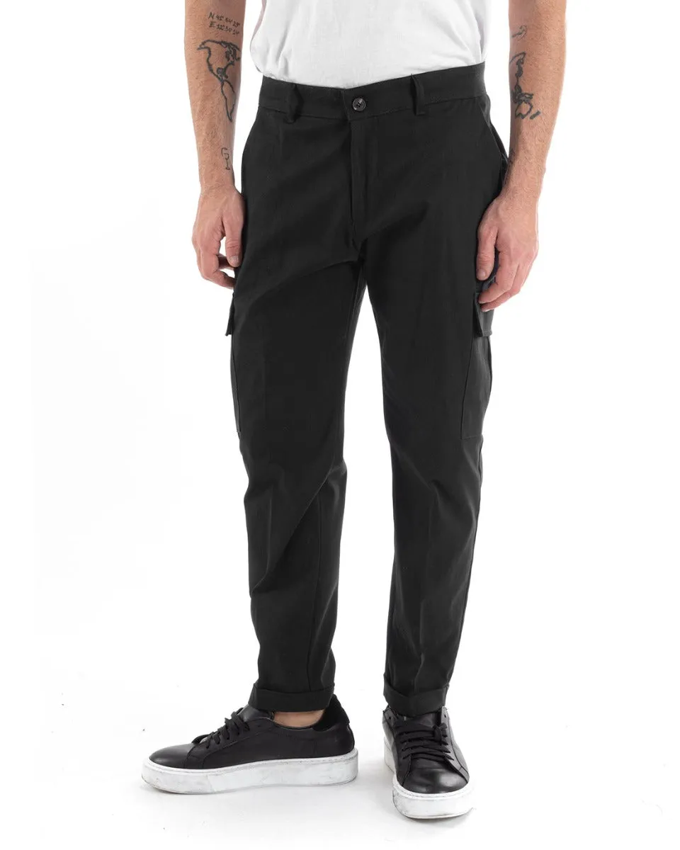 Pantaloni Uomo Cargo Cotone Tasconi Basic Tinta Unita Nero Casual GIOSAL-P5566A