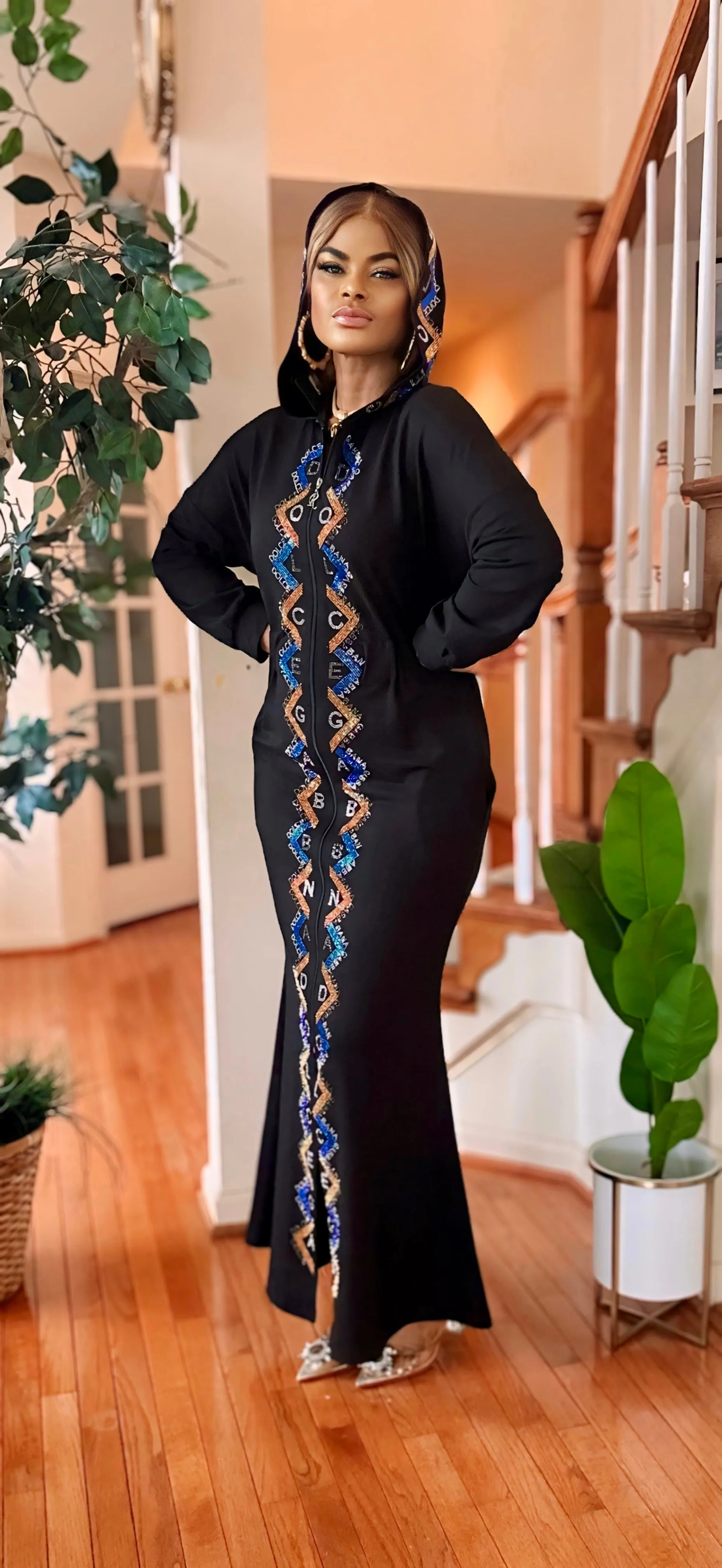 RHINESTONE FRONT ZIPPER MAXI DRESS(BLACK)