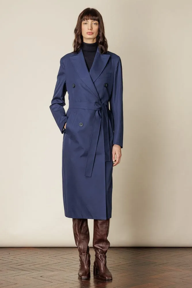 (RTW) Long Double Breasted Trench Coat with Belt - Blue Cotton Gabardine