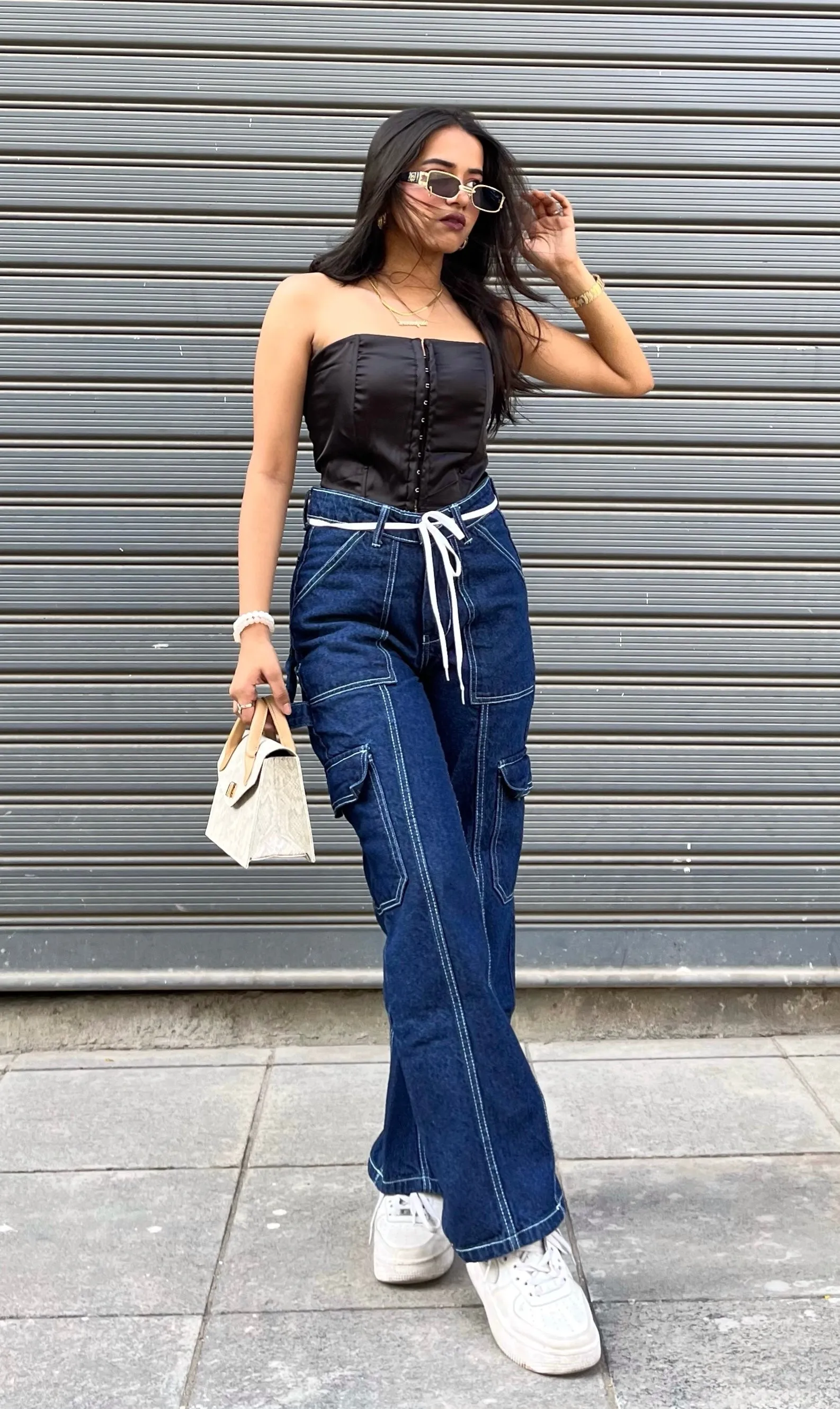 So Hip Hop Deep Blue High Waist Cargo Jeans