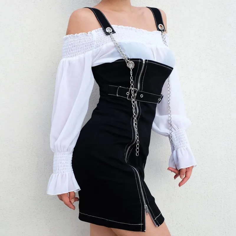 STREET FASHION CHAIN ZIPPER SLING DRESS BY71055