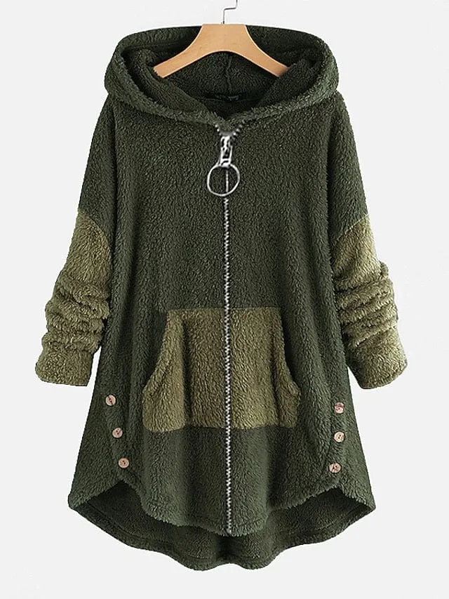 Stylish Plus Size Teddy Hooded Winter Coat with Button Pocket in Green and Black Sizes L-4XL