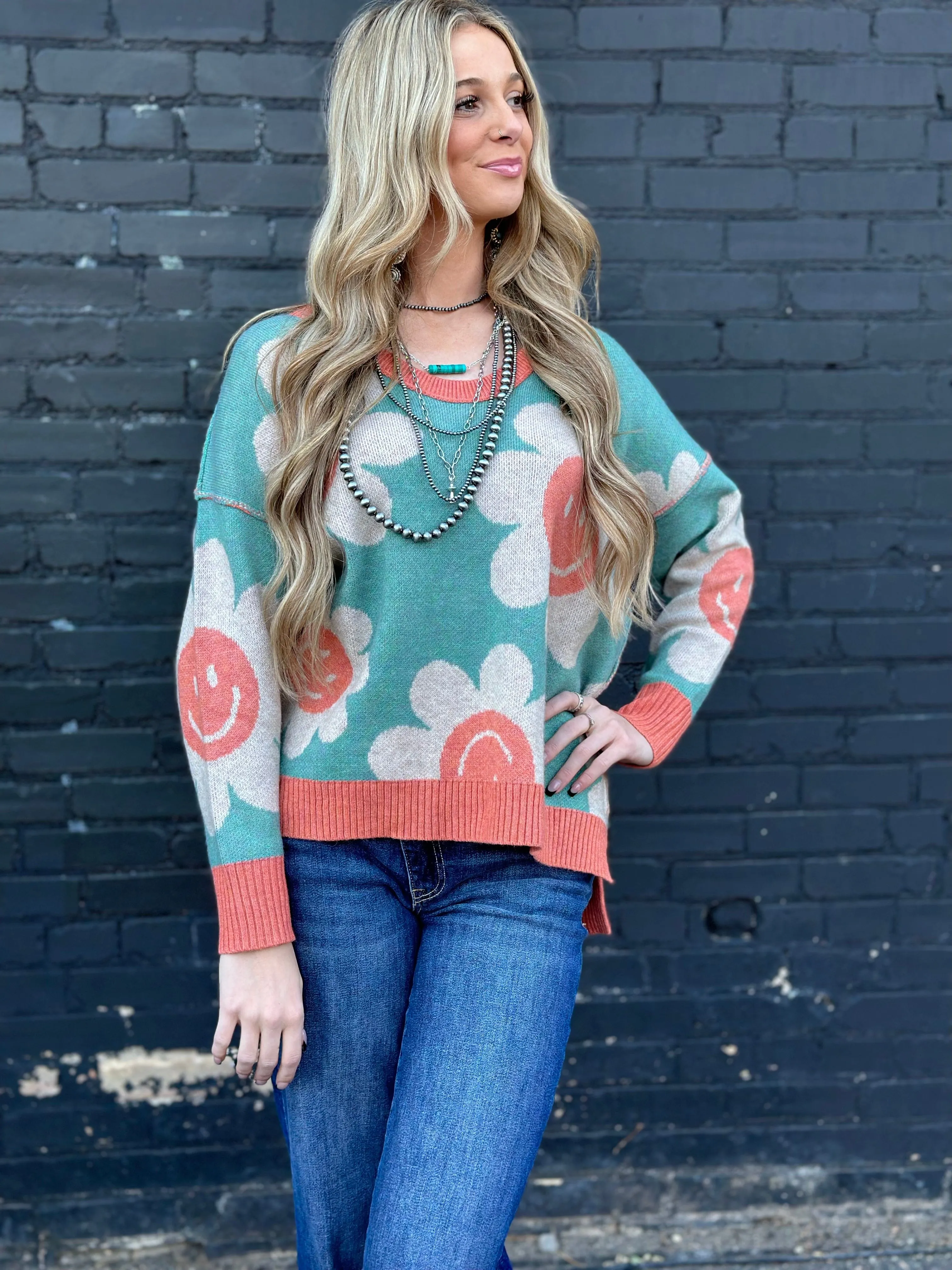 The Teal & Coral Make You Smile Sweater