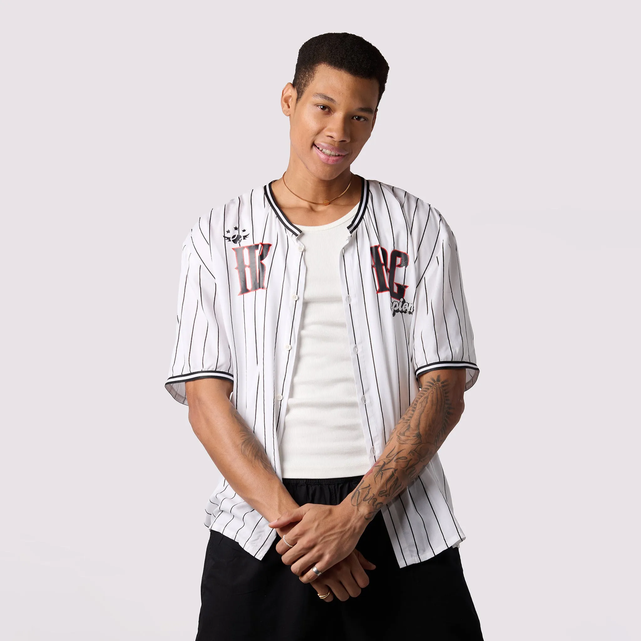 White Striped Baseball Shirt for Men