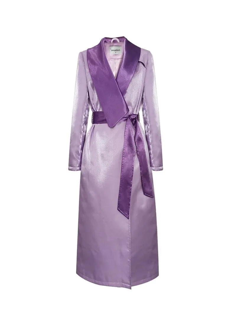 Women Purple Satin Belted Long Gown Trench Coat