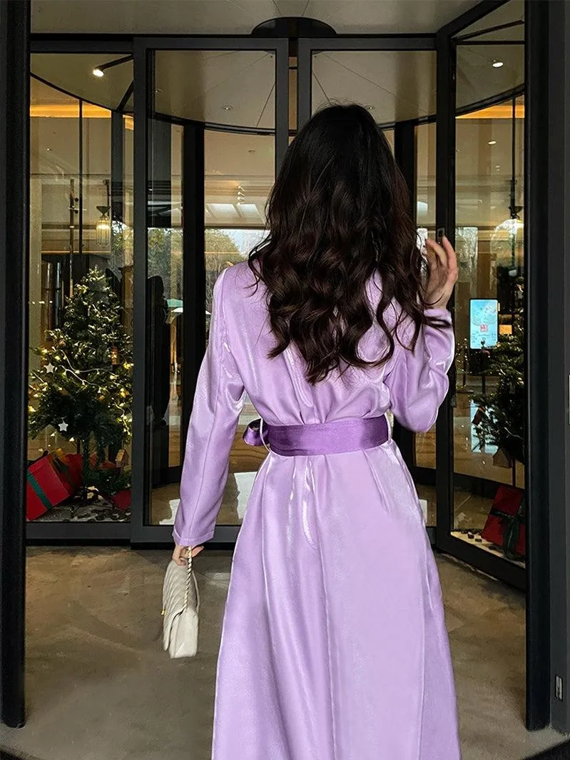 Women Purple Satin Belted Long Gown Trench Coat